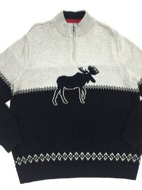 Chaps Christmas Moose Sweater Quarter Zip 100% Cotton Mock Neck Size XL